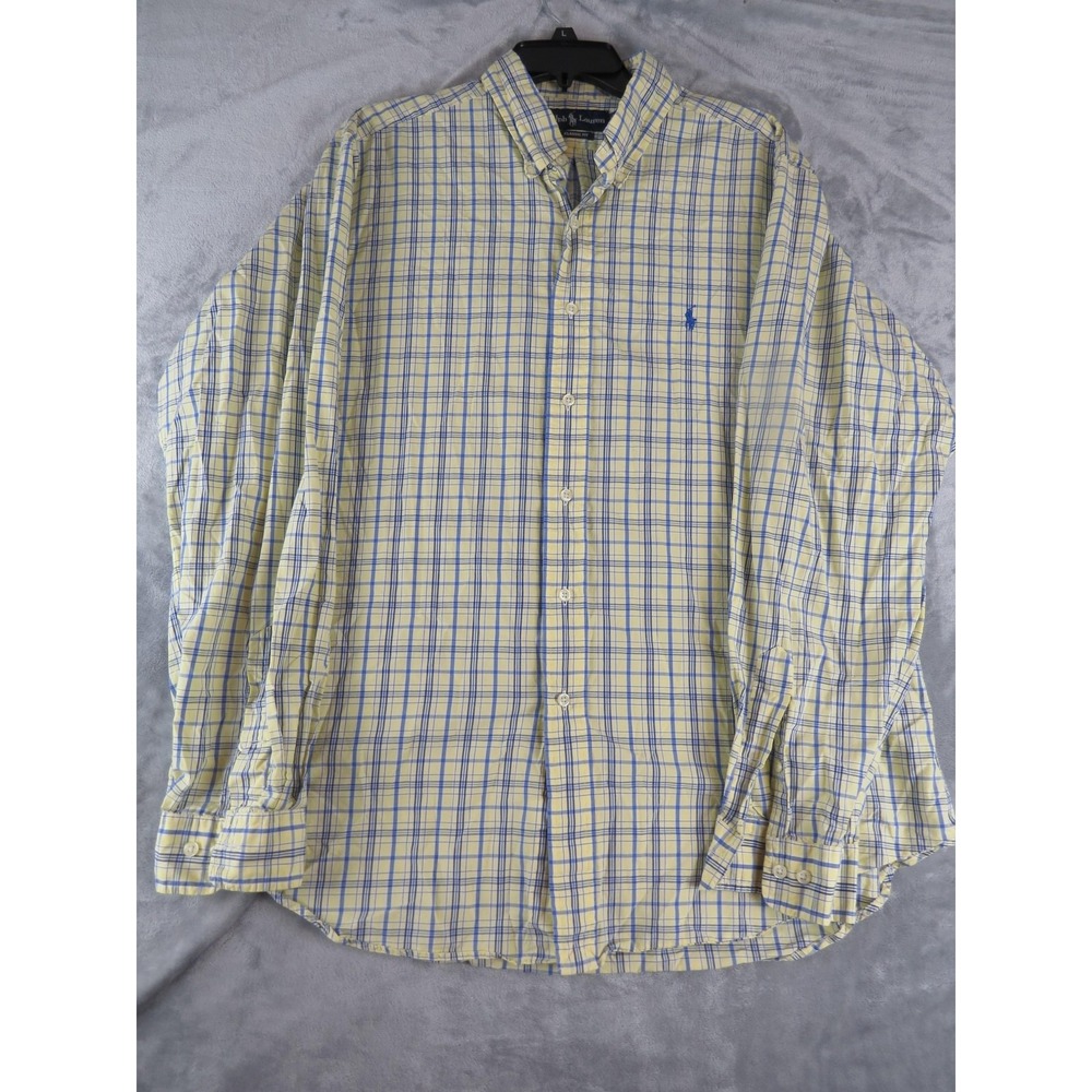 Ralph Lauren Shirt Mens XL Yellow Blue Plaid Classic Fit Button Down Long Sleeve